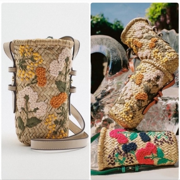 ZARA Raffia Mini Crossbody Brunt Orange Strap Floral embroidery details - Picture 2 of 7